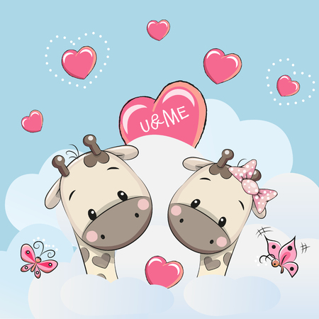 Valentine card with Cute Cartoon Lovers Giraffesのイラスト素材