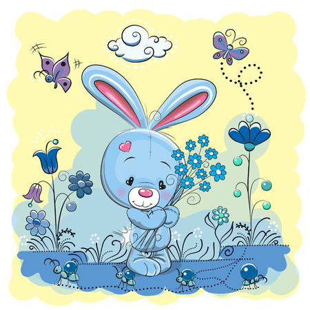 Cute Cartoon Rabbit on a meadow with flowers and butterfliesのイラスト素材