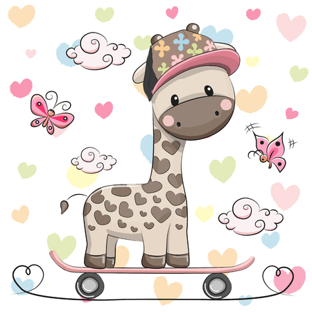 Cute Giraffe wiht a cap on a skateboard and butterflies