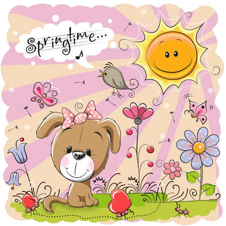 Cute Cartoon Puppy on the meadow with flowersのイラスト素材