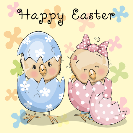 Greeting Easter card Two hatched chicks on a flowers backgroundのイラスト素材
