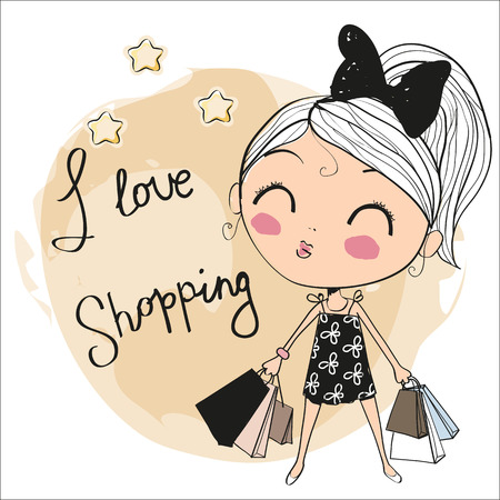 Cute cartoon girl with bags on a yellow backgroundのイラスト素材