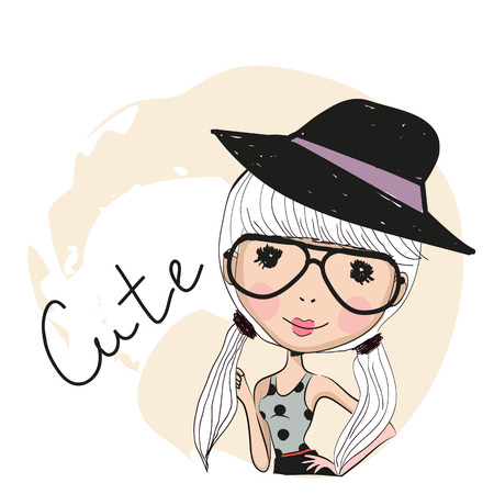 Cute girl with hat and glasses with white hairsのイラスト素材