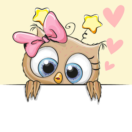 Greeting card cute Cartoon Owl Girl with heartsのイラスト素材