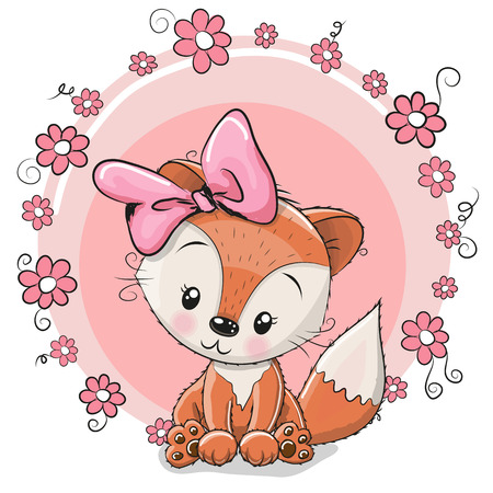 Greeting card cute cartoon fox with flowersのイラスト素材