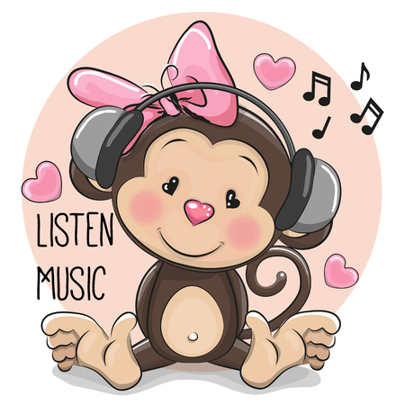 Cute cartoon Monkey Girl with a bow and headphonesのイラスト素材