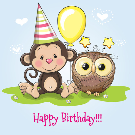 Greeting Birthday card with monkey and owlのイラスト素材