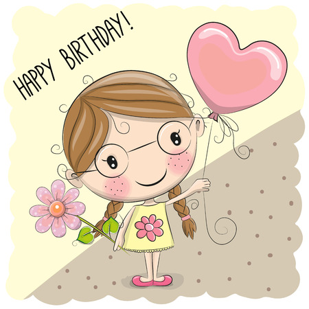 Cute Cartoon Girl with a balloon and flowerのイラスト素材