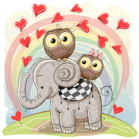 Cute Cartoon Elephant and Two Owls on a rainbow backgroundのイラスト素材
