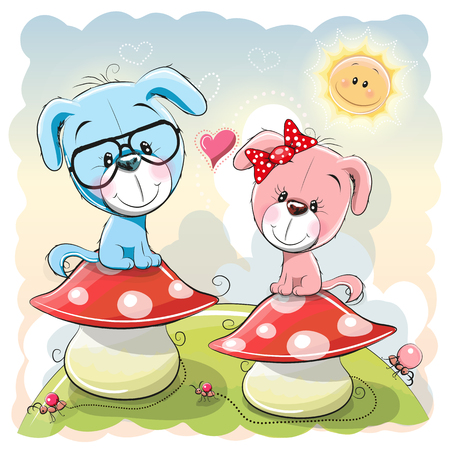 Two Cute Cartoon puppies are sitting on mushroomsのイラスト素材