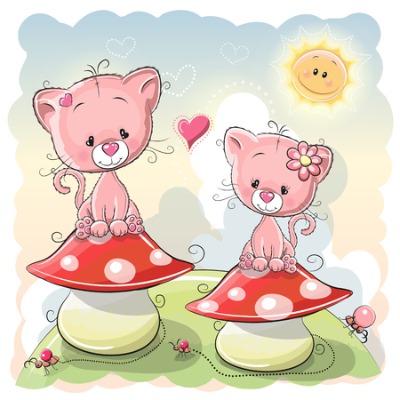 Two Cute Cartoon kittens are sitting on mushroomsのイラスト素材