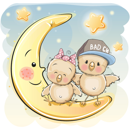 Two Cute Chicks is sitting on the moonのイラスト素材