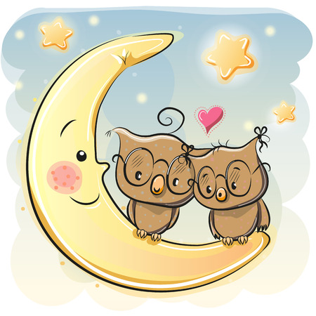 Two Cute Owls is sitting on the moonのイラスト素材