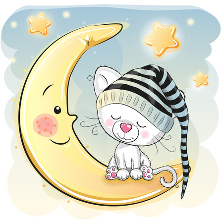 Cute Cartoon white kitten is sleeping on the moonのイラスト素材