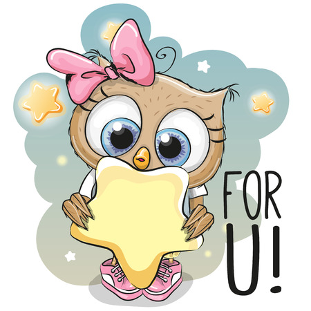 Cute Cartoon Owl girl with star on the stars backgroundのイラスト素材