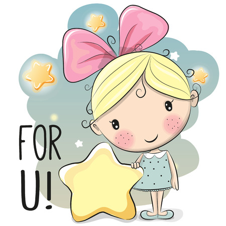 Cute Cartoon Girl with star on the stars backgroundのイラスト素材