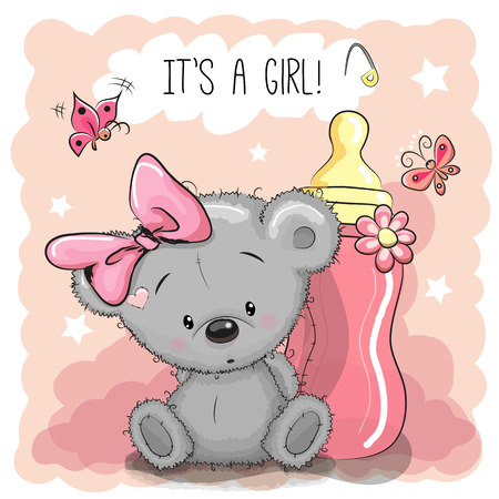 Cute Cartoon Teddy bear girl with feeding bottleのイラスト素材