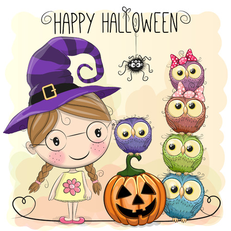 Halloween card with girl and owls on a yellow backgroundのイラスト素材