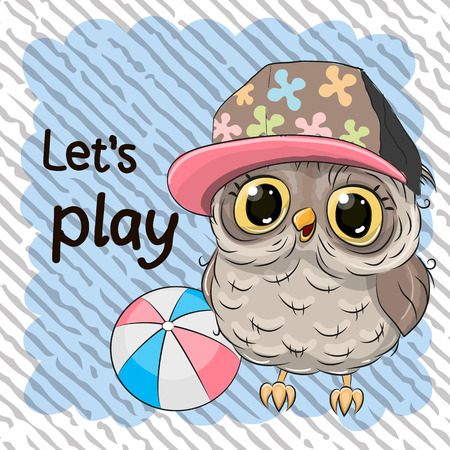 Cute Owl with a ball on a blue backgroundのイラスト素材