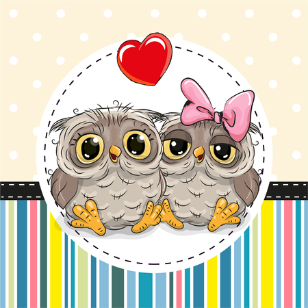 Greeting card with Two cute Cartoon Owlsのイラスト素材
