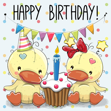 Greeting card two cute Cartoon Ducks with cakeのイラスト素材
