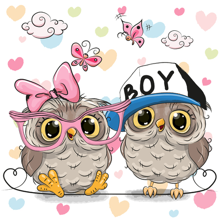 Two Cute Owls on a hearts backgroundのイラスト素材