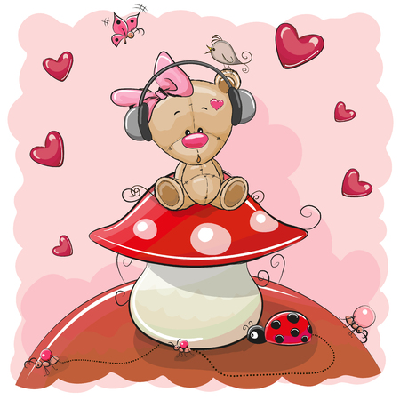 Cute Cartoon Teddy Bear girl on a mushroomのイラスト素材