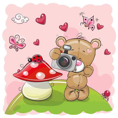 Cute cartoon Teddy Bear with a camera on the meadowのイラスト素材