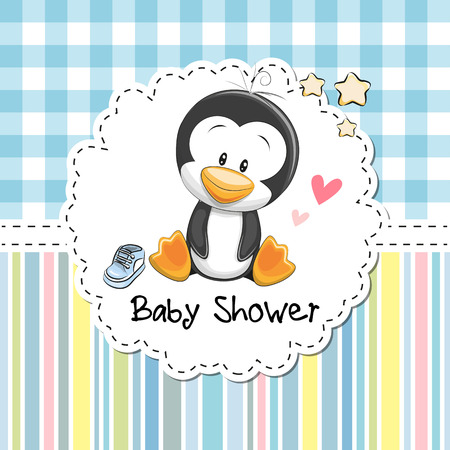 Baby Shower Greeting Card with cute Cartoon Penguin boyのイラスト素材