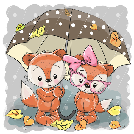 Two cute cartoon foxes with umbrella under the rainのイラスト素材