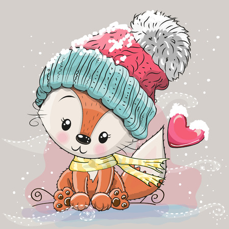 Cute Cartoon Fox in a knitted cap sits on a snowのイラスト素材
