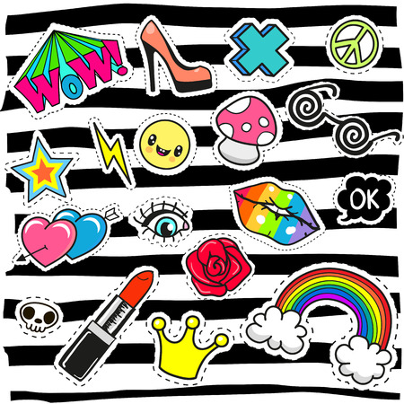 Fashion set of cartoon patch badges or pin badgesのイラスト素材