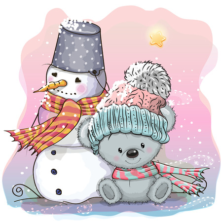 Cute Cartoon Teddy Bear in a knitted cap and snowmanのイラスト素材