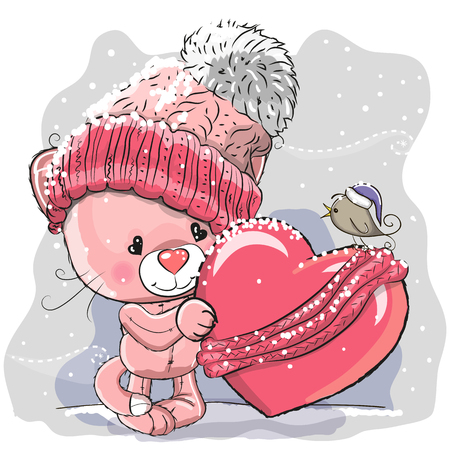 Cute Cartoon kitten in a knitted cap and a heart wrapped in a scarfのイラスト素材