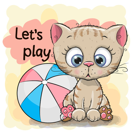 Cute Kitten with a ball on a yellow backgroundのイラスト素材