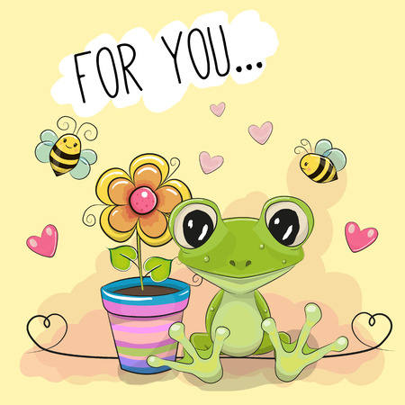 Greeting card cute cartoon Frog with flower on a yellow backgroundのイラスト素材