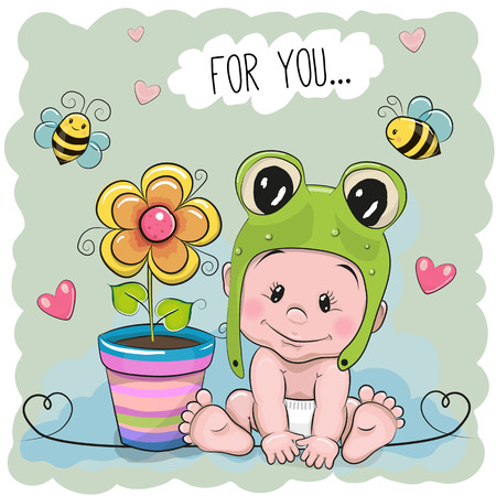 Cute Cartoon Baby in a froggy with flowerのイラスト素材