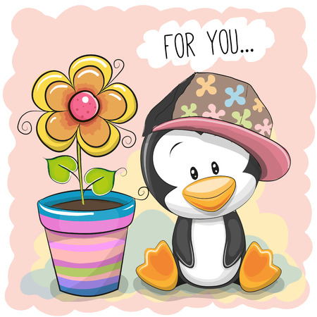 Greeting card Cute Cartoon Penguin with flowerのイラスト素材