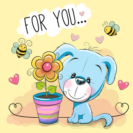 Greeting card cute cartoon blue Puppy with flowerのイラスト素材