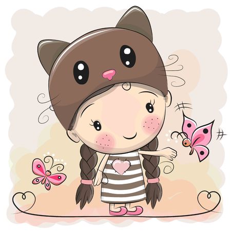Cute Cartoon Girl in a kitten hat with butterfliesのイラスト素材