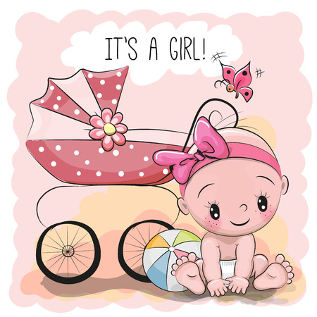 Greeting card it is a girl with baby and carriageのイラスト素材