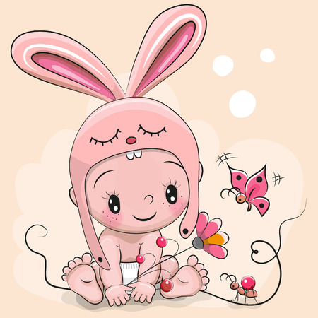 Cute Cartoon Baby in a rabbit hat and a butterflyのイラスト素材