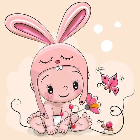 Cute Cartoon Baby in a rabbit hat and a butterfly