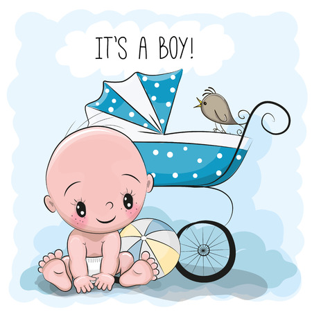 Greeting card it is a boy with baby and carriageのイラスト素材