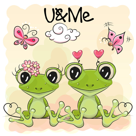 Two Cute cartoon Frogs on orange backgroundのイラスト素材