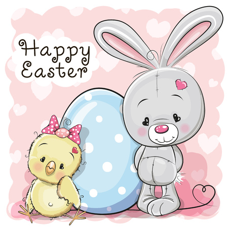 Cute Cartoon Chicken rabbit  and egg on a pink backgroundのイラスト素材