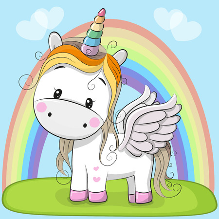 Cute Cartoon Unicorn and rainbow on the meadowのイラスト素材