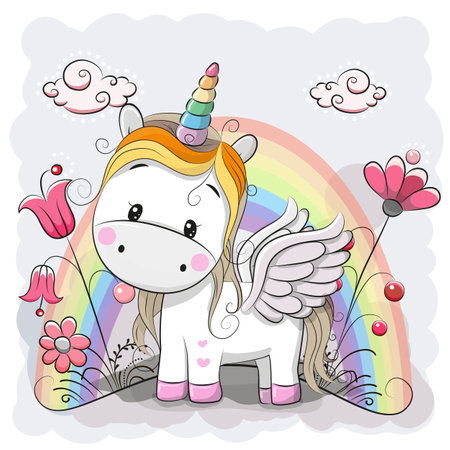 Cute Cartoon Unicorn and rainbow on the meadowのイラスト素材