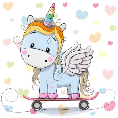 Cute Cartoon Blue Unicorn on the skateboardのイラスト素材
