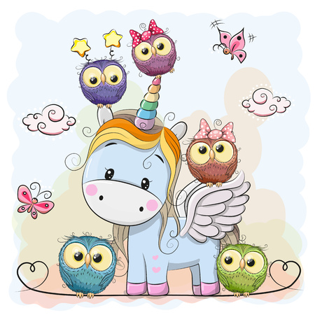Cute Cartoon Unicorn five owls and butterfliesのイラスト素材